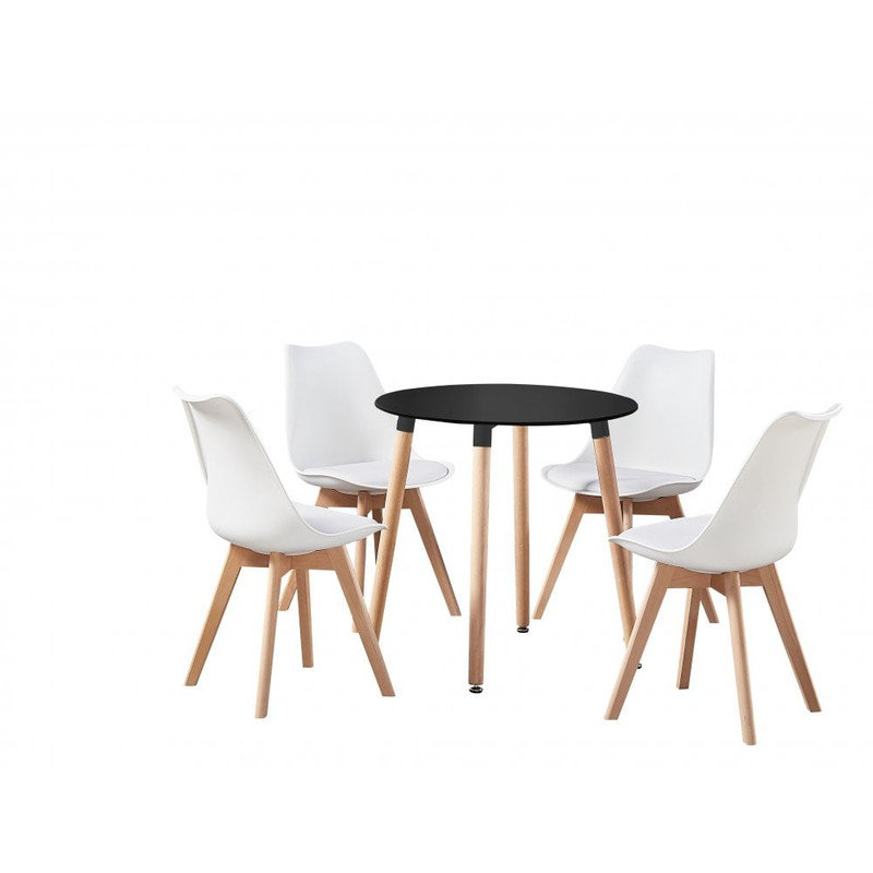 Christy 4 Person Dining set - a Round Plastic Dining Table with Wooden Legs and a Set of 4 Faux Leather Cushion Padded Dining Chairs for Dining Room - Modern Dining Table Set