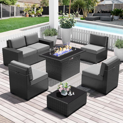  7 Pieces Outdoor Patio Furniture Set with 44" Fire Pit Table Rattan Sectional Sofa Conversation Sets