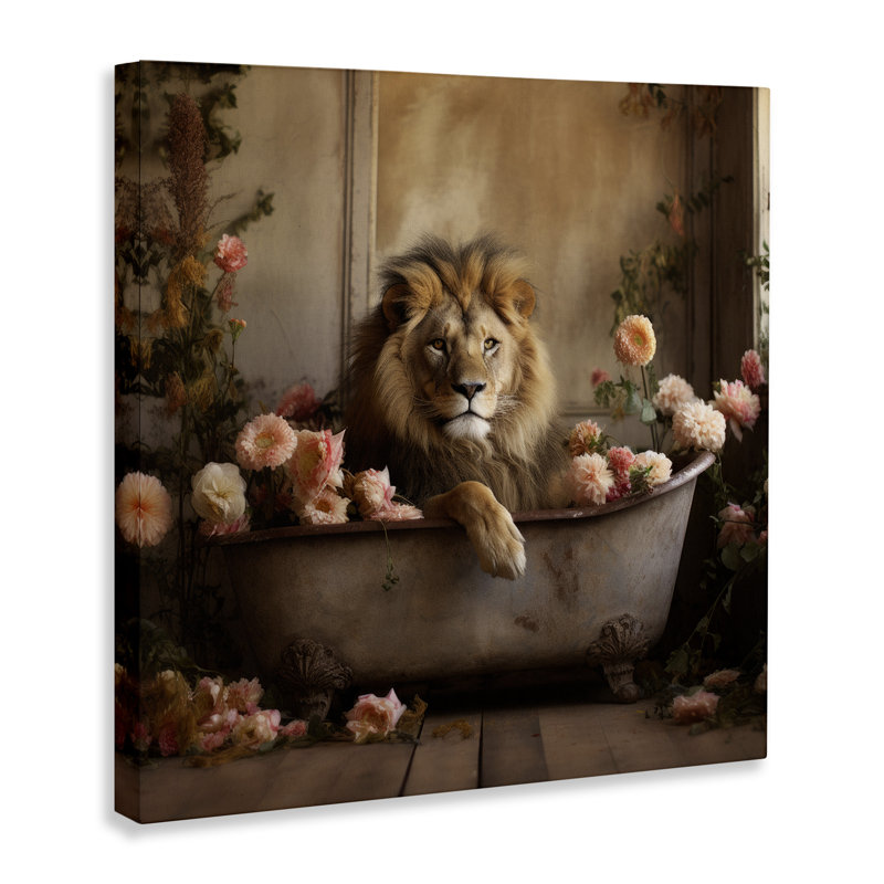 "Lion dans une baignoire remplie de fleurs" par Lazar Studio - impression sur toile tendue, H 36 po x l 36 po x P 1,5 po