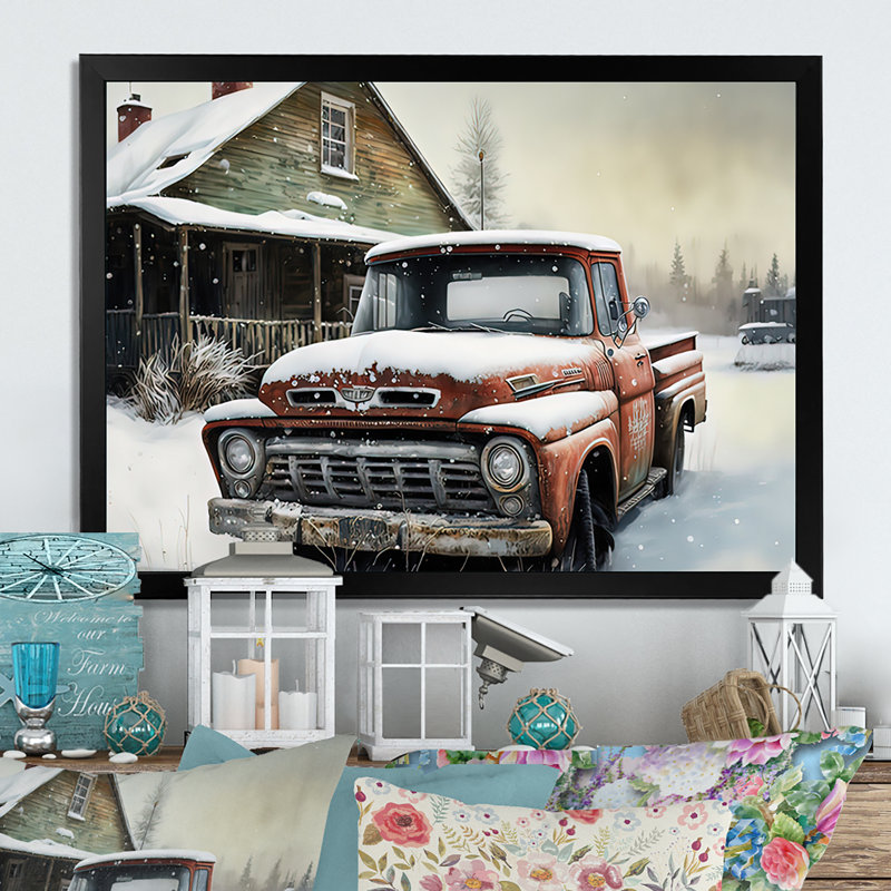 «Old Truck at the Barn in Winter II», peinture sur toile, H 12 po x l 20 po x P 1 po, Impression noire sur toile encadrée