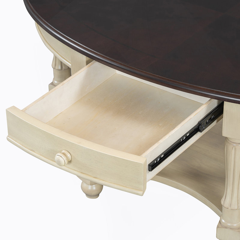 Table basse ovale vintage avec tiroir et étagère de rangement, table de cocktail antique de 45 po, table d'appoint de style champêtre français pour le salon, beige et espresso