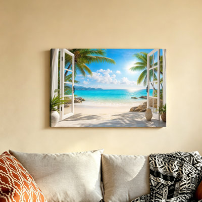 Open French Window Tropical Palm Turquoise Ocean Beach Print Decor For Living Room Bedroom Canvas Wall Art