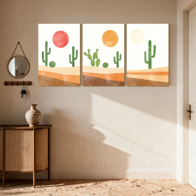 Cactus, paysage désertique avec cactus et soleil, ensemble de 3 impressions sur toile