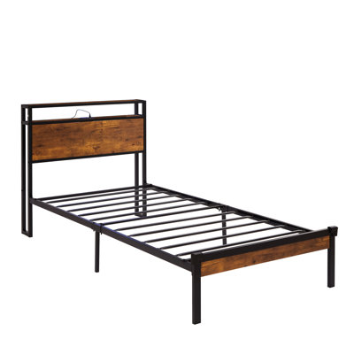 Twin Metal Platform Bed Frame With Wooden Headboard - Utility, Under Storage Space, No Box Spring, Easy To Erect, Strong & Stable, Black + Brown Head
