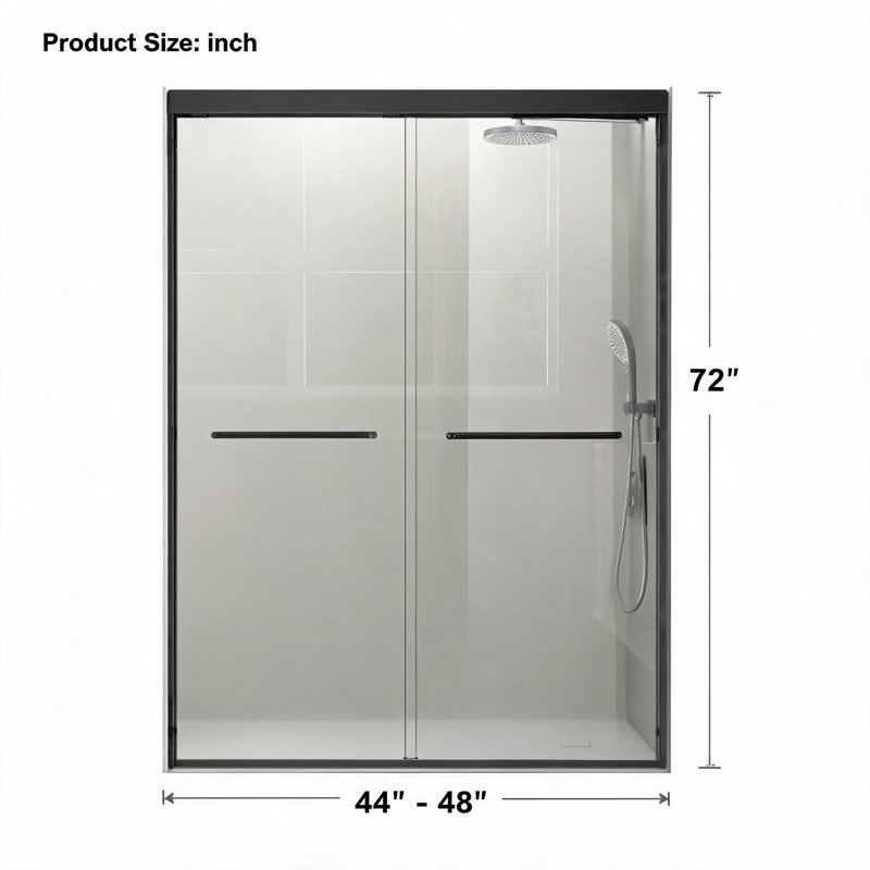 44 inch to 48 inch Matte Black Semi-Frameless Double Sliding Shower Door with 6 Millimeter Tempered Safety Glass