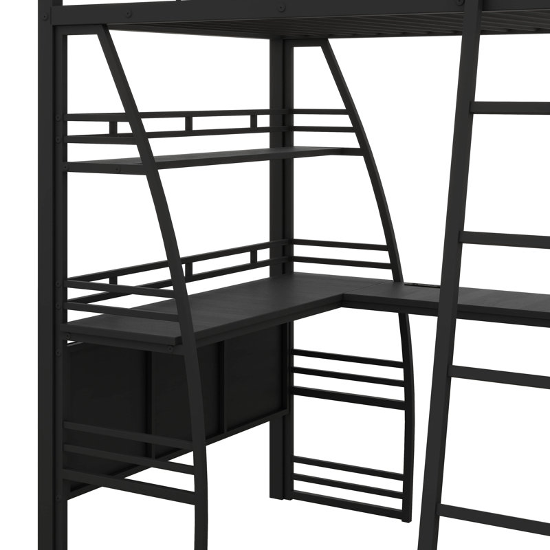 Lit mezzanine compact avec poste de travail en L et étagère quadruple, Lit simple, Noir, noir, noir, noir