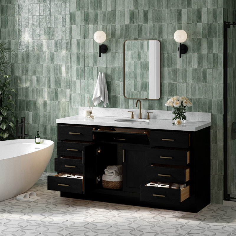 Tidworth 66'' Solid Wood Single Bathroom Vanity with 1.5'' Carrara Marble Top, Oval, Black Oak