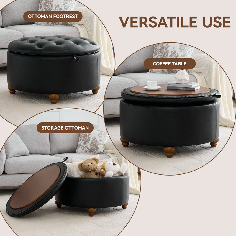 Repose-pieds capitonné rond avec rangement de 30 po de largeur, Similicuir noir