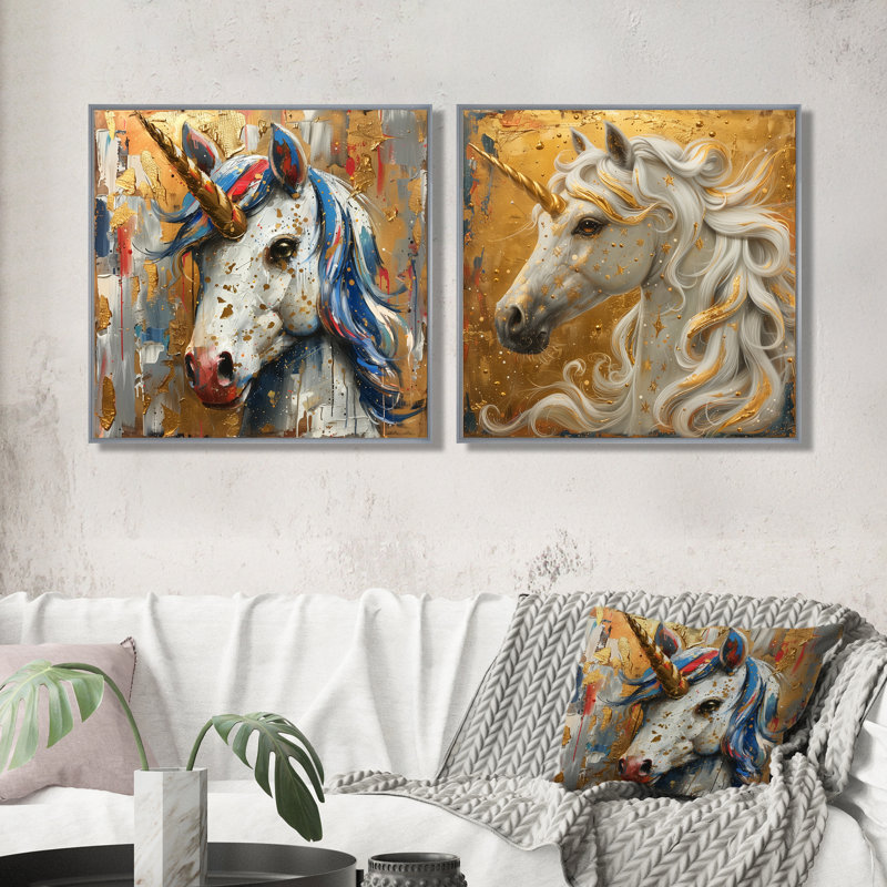 Licorne blanche et dorée scintillante I - art mural licornes - décoration murale moderne 2 pièces, H 30 po x l 61 po