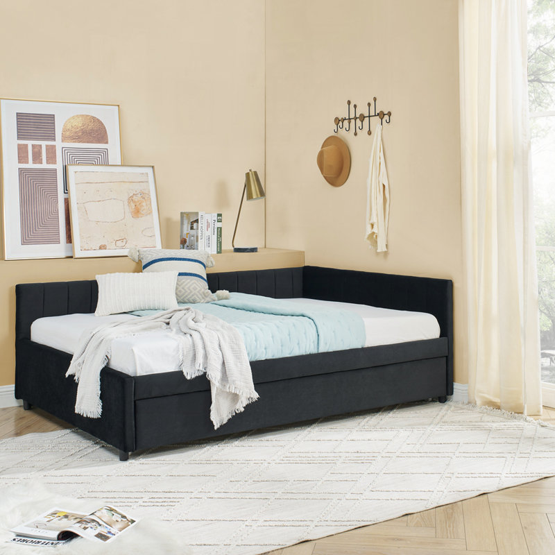 Full Size Daybed with Trundle Upholstered Tufted Sofa Bed, Black