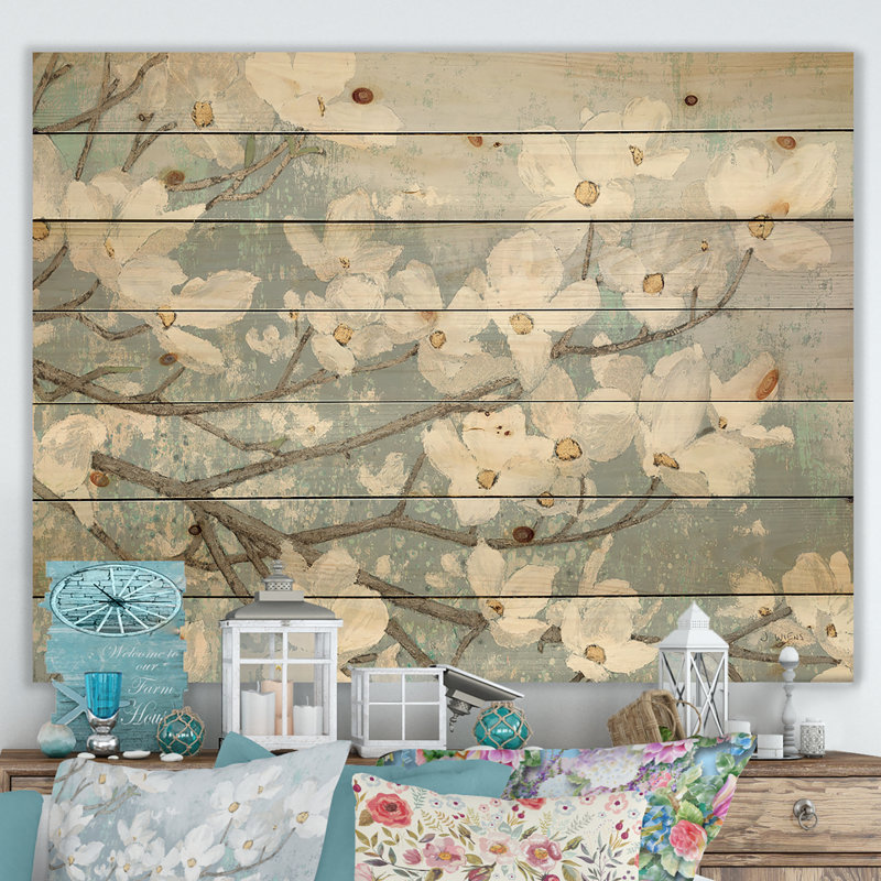 Bleu sur fleurs grises - impression traditionnelle sur bois de pin naturel, H 36 po x l 46 po x P 1,5 po