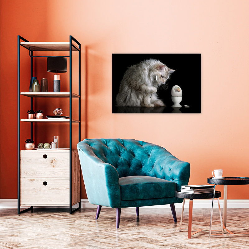 Surprise du déjeuner du chat - Affiche murale contemporaine surréaliste avec un chat, H 24 po x l 36 po