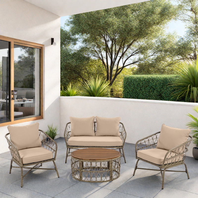 Boho-inspired 4-person Outdoor Seating Group With Removable Cushions And Wood Tabletop