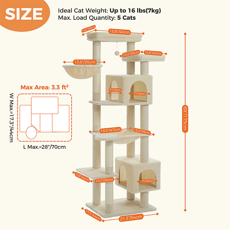 Grand arbre à chat pour grands chats d'intérieur, tour de chat pour chats adultes avec super grand hamac, tour d'arbre d'escalade pour chat avec poteaux à griffer, maisonnette et grand perchoir supérieur