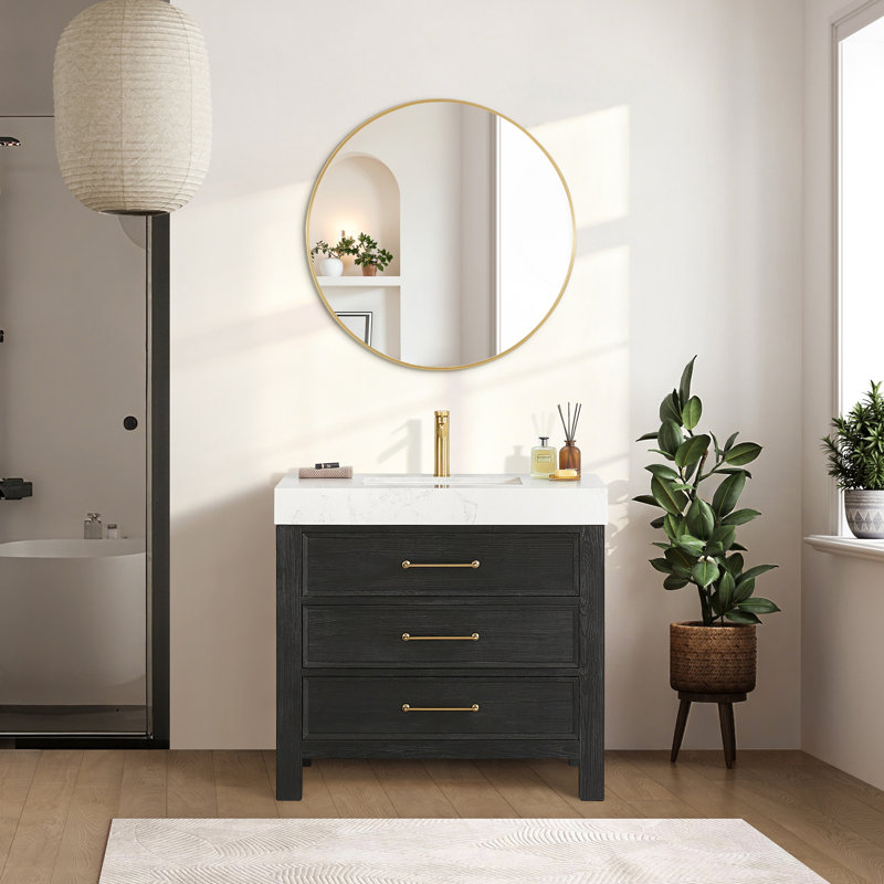 36'' Single Bathroom Vanity with Engineered Marble Top, White, Gold, Black