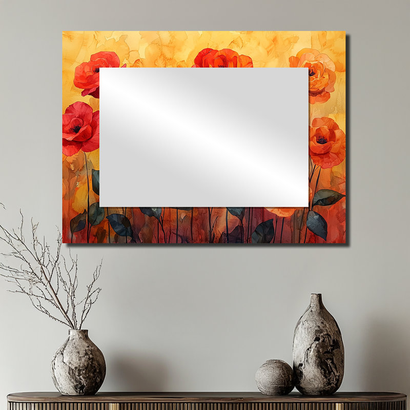 Roses, coucher de soleil, pétales dans le vent - miroir décoratif floral - imprimé sur métal, 24 po x 32 po