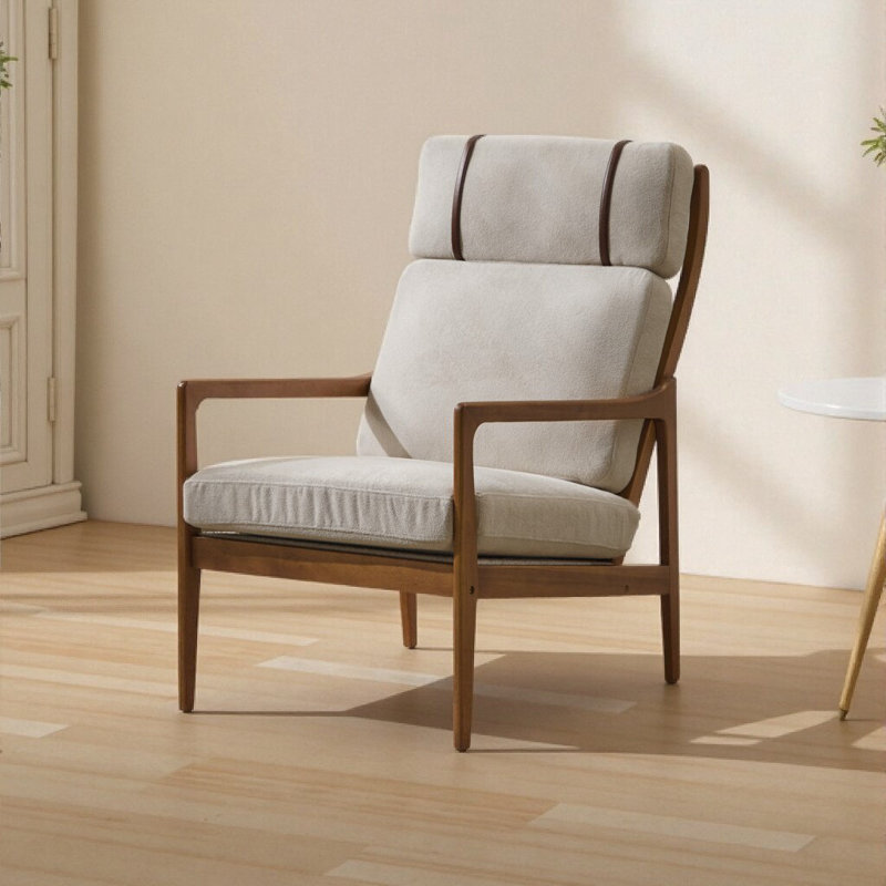 Fauteuil moderne à structure en bois - Design épuré avec coussins de soutien et sangles décoratives, Polyester gris