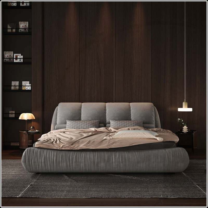 Grand lit plateforme tapissier grand format avec dossier rembourré surdimensionné et structure en bois massif, convenant à plusieurs hauteurs de matelas, gris