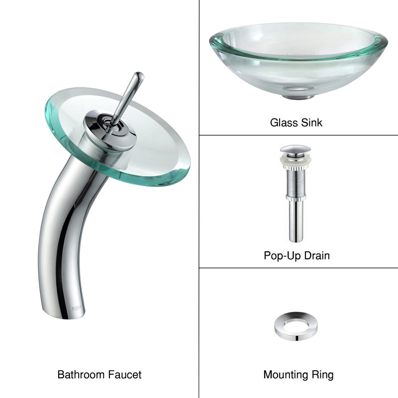 Bathroom Combos Glass Circular Vessel Bathroom Sink with Faucet, Chrome