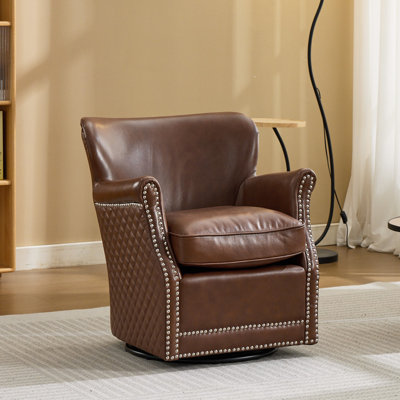 26.4'' W Genuine Leather Upholstered Swivel Armchair