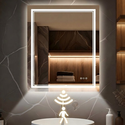 Miroir de salle de bain éclairé avec détecteur de mouvement, en verre trempé.