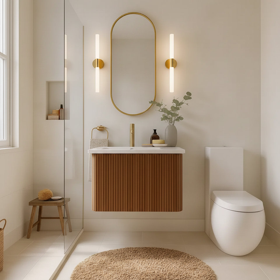 Bathroom with floating vanity, toilet, and gold mirror.