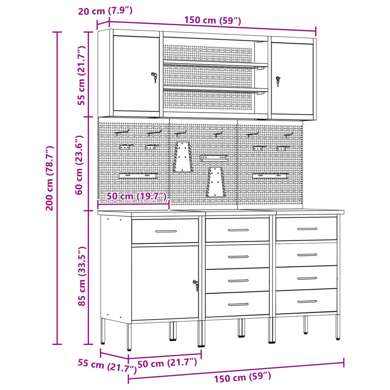 Set Of 5 Steel Large Height-Adjustable, Black