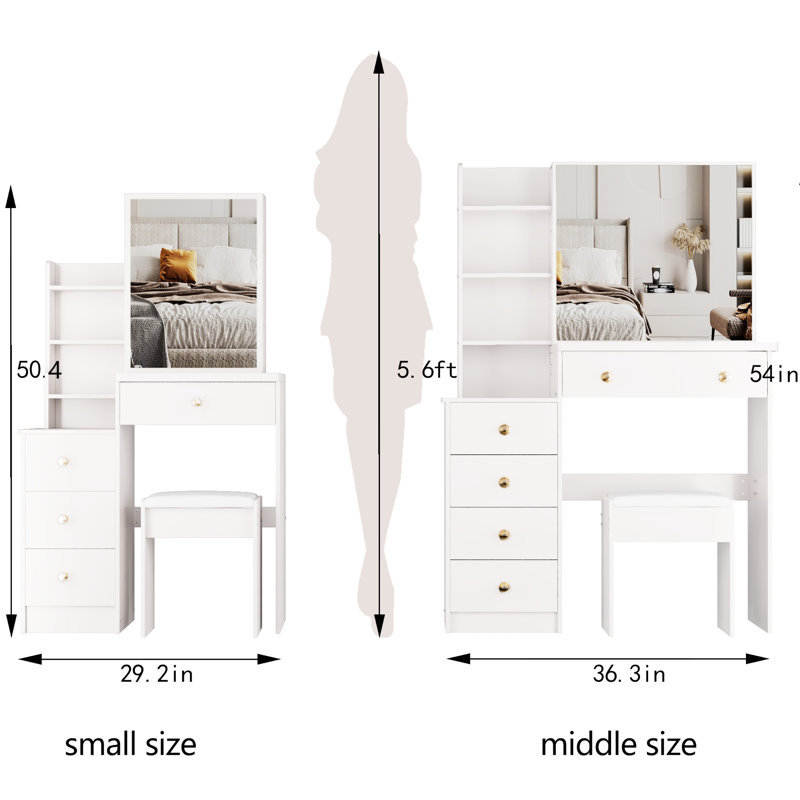 Small Space- Left Bedside Cabinet Vanity Table, With Padded Stool & Big Sliding Mirror, Multi-Layer Storage, Fashionable White Dresser For Compact Rooms Sized Table Cushioned Stool, Extra Large High