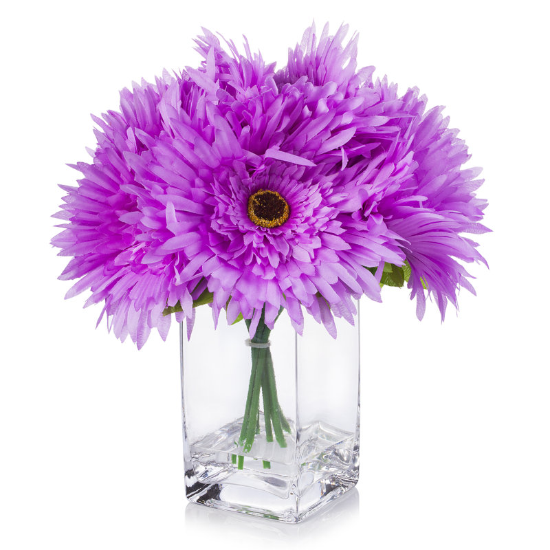 Purple Silk Daisy Arrangement in Clear Glass Vase