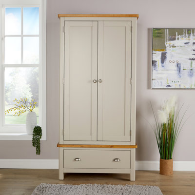Ramsgate Fully Assembled Solid Wood with Oak Veneer 2 Door 1 Drawer Wardrobe Storage Unit