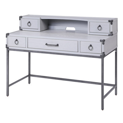 Bureau moderne gris et bronze industriel pour le bureau à domicile, 3 tiroirs, thème industriel, table d'écriture contemporaine avec pieds en métal stables, rangement, conception robuste, pieds
