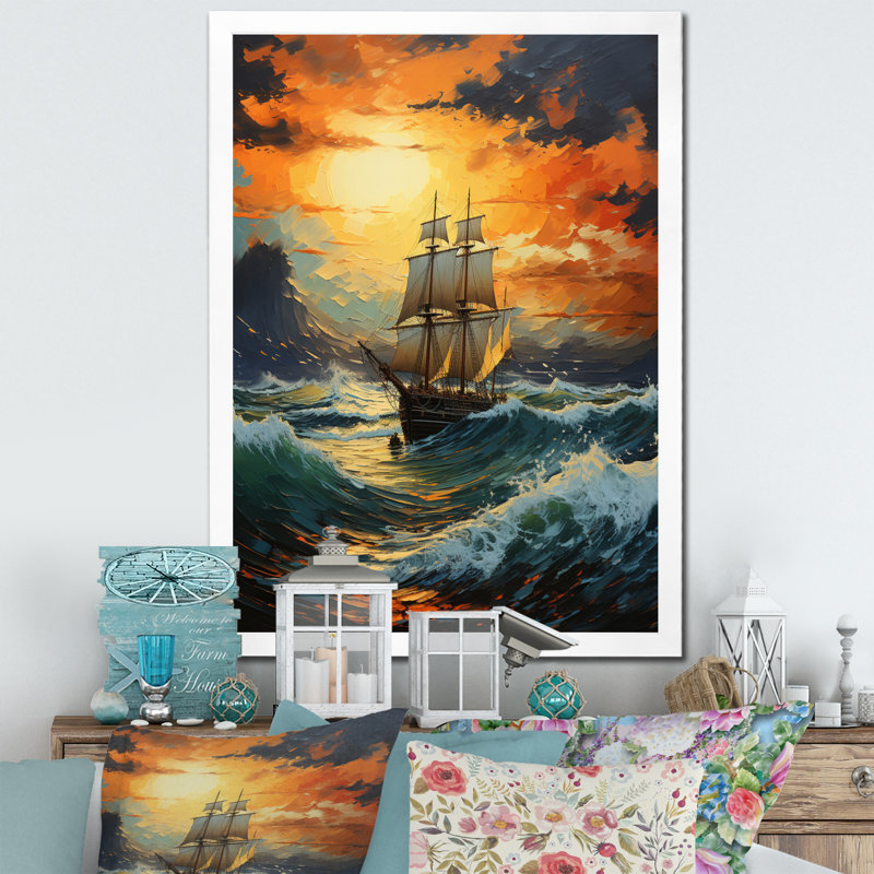 Tempête énergétique bateau orange sarcelle II - impression, H 44 po x l 34 po x P 1,5 po, Cadre photo blanc