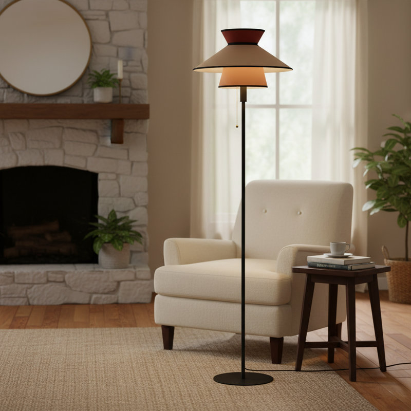 Mid-century Modern Floor Lamp With Fabric Dual Shade, Pull Chain Switch, Black Base – E26 Bulb Compatible