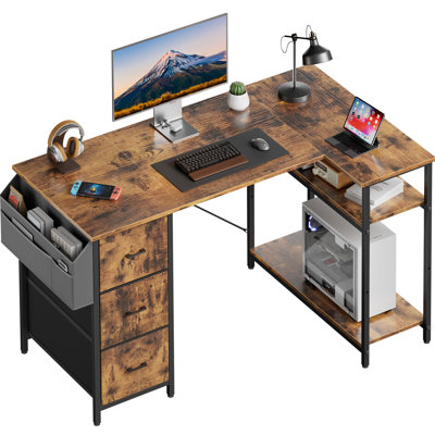 L-Shaped Computer Desk with Storage Bag & 3 Fabric Drawers, Modern Home Office Corner Desk with Storage Shelves, Space-Saving Workstation for Bedroom, Study & Small Spaces