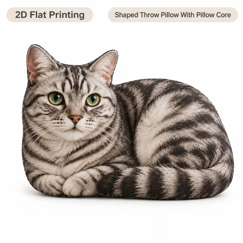 Not Textured Silver Tabby Cat with Green Eyes Shaped Throw Pillow, Realistic Pet Portrait Decorative Cushion for Cozy Bedroom Sofa Cat Lovers, 2D Flat Printing Shaped Stuffed Throw Pillow 45cm