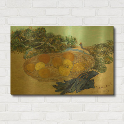«Nature morte d'oranges et de citrons avec des gants bleus» par Vincent Van Gogh, art mural en métal doré, 36 po x 24 po
