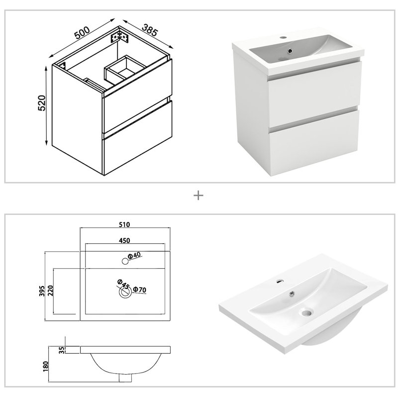 Clementas 500 mm Wall Mounted Combined Vanity Unit with Drop In Resin Basin, White