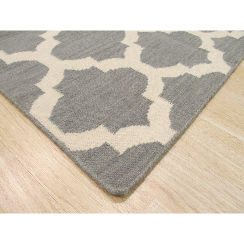Gray Hand-Knotted Wool Ogee Lattice Geometric Modern Contemporary Carpet Rug, 9' x 12'