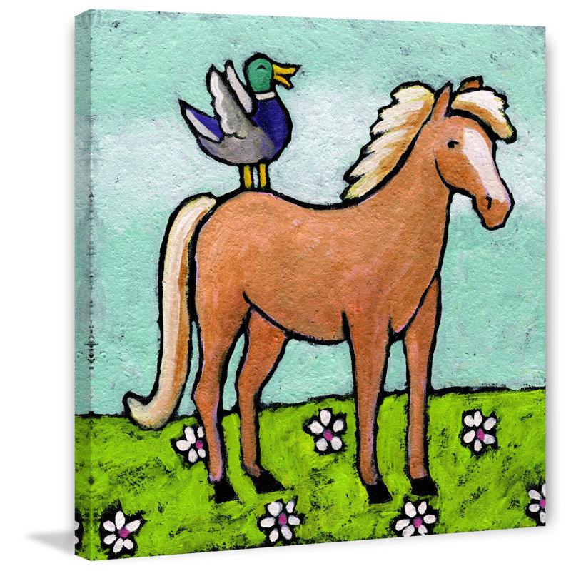 «Horse With Laughing Duck» par Janet Nelson, reproduction d'art sur toile tendue, H 18 po x l 18 po x P 1,5 po