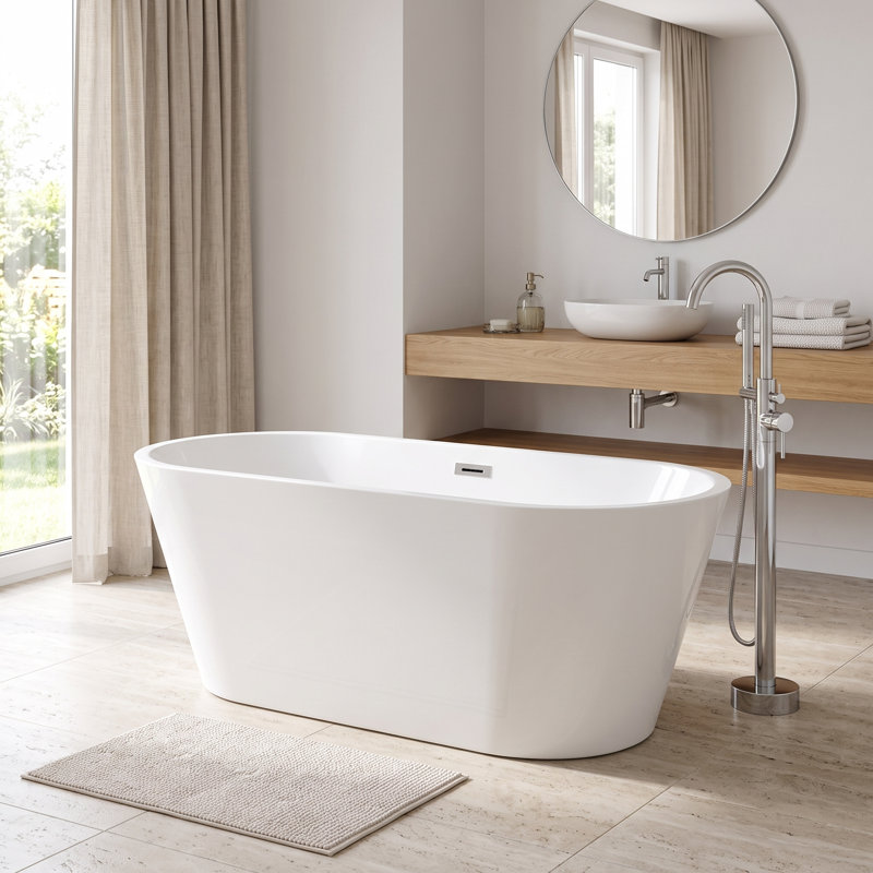 Baignoire ovale autoportante contemporaine en acrylique de 150 cm x 76 cm avec bonde chromée à robinet au pied, fini blanc brillant
