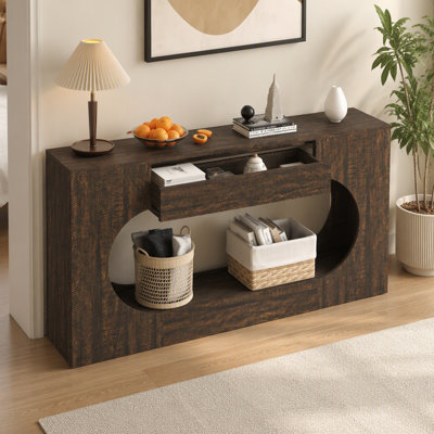 Walnut Console Table with Drawer Storage Oval Hollow Frame Design Modern Farmhouse Accent Table Narrow Entryway Sofa Table for Living Room Hallway Foyer