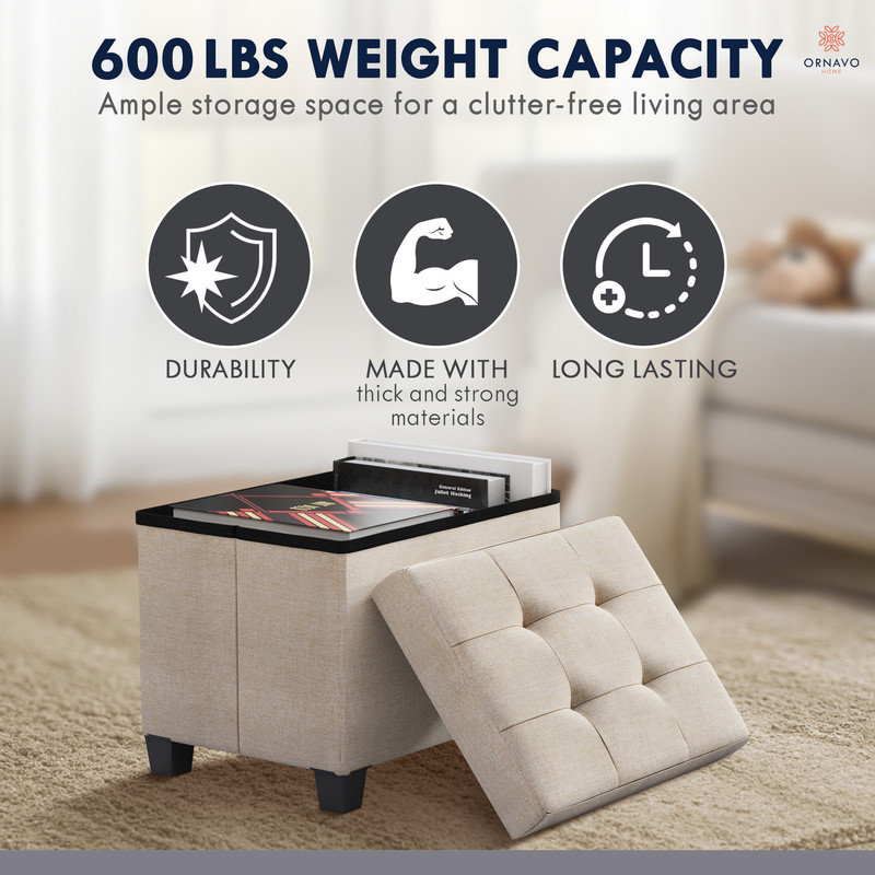 Collapsible Rectangle Small Storage Ottoman with Legs - 12" x 16" x 12", Beige