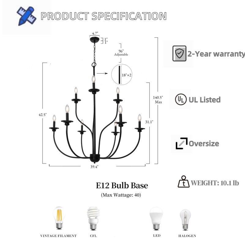 9-light 39"W Candle Style Classic Chandelier, 42.5" H x 39.4" W x 39.4" D
