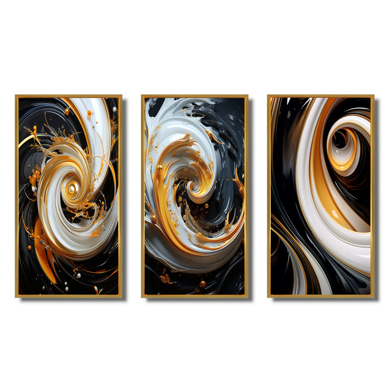 Liquide or noir et blanc spirale magique I - ensemble de 3 impressions, Cadre flottant doré, H 40 po x l 60 po