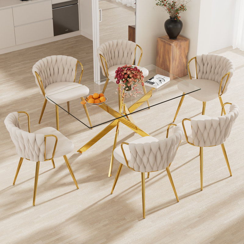 Ensemble de table de salle à manger Elegant, 7 pièces : table, 6 chaises, Beige, Doré
