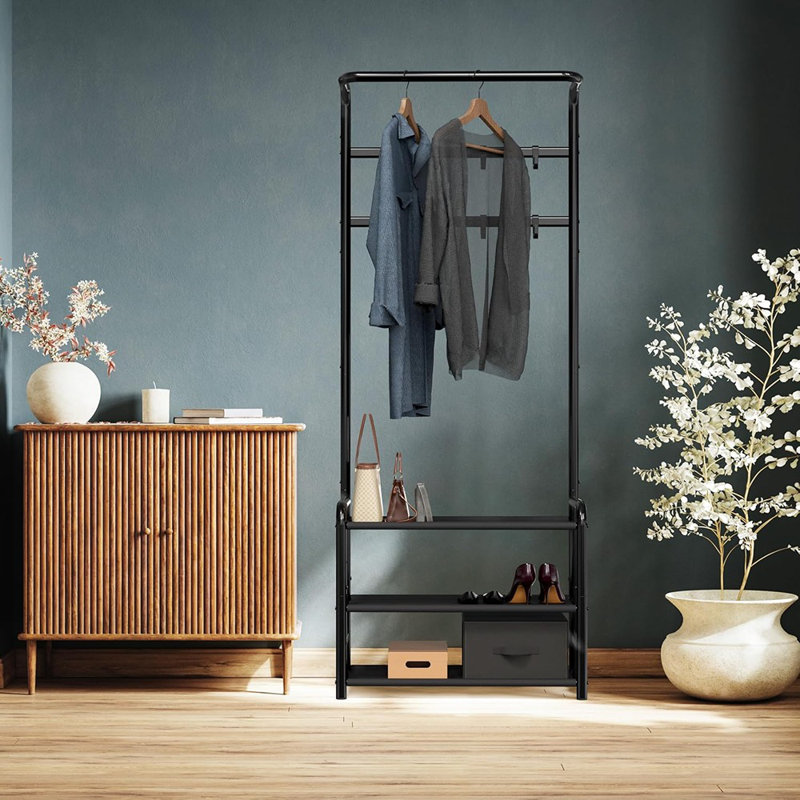 Portemanteau en métal noir avec tablette de rangement - Arbre d'entrée autoportant avec crochets pour le vestibule, la chambre à coucher ou le bureau