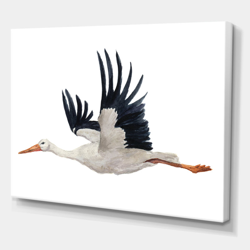 Cigogne volante avec une cigogne blanche - peinture sur toile, Toile tendue, H 24 po x l 32 po x P 1 po