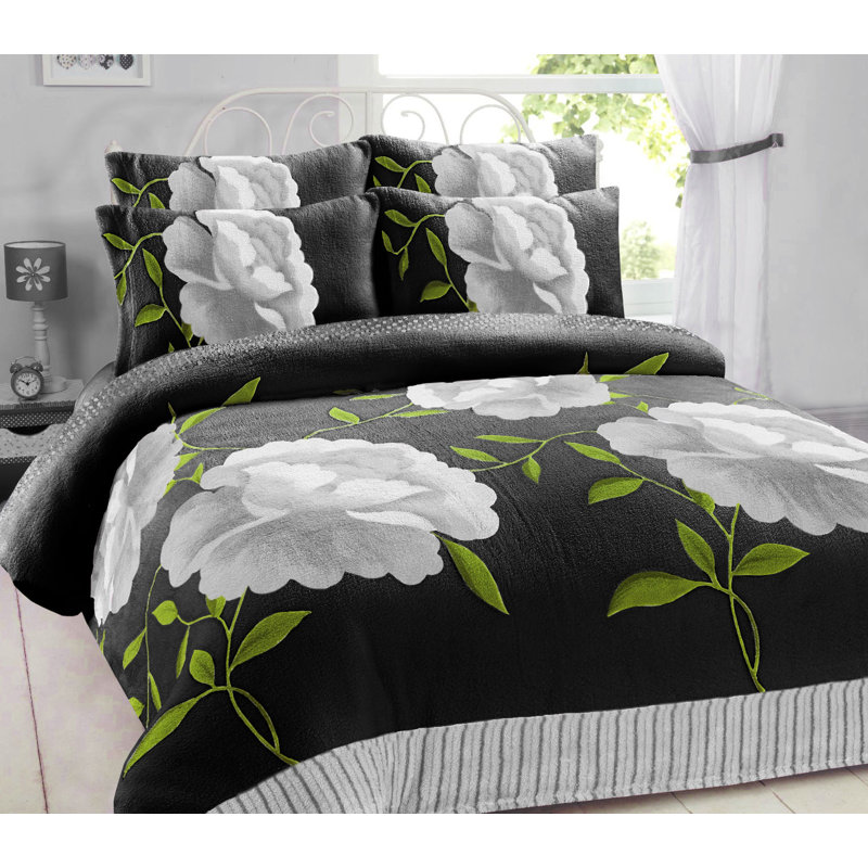Amyre Polyester Floral Duvet Cover with Pillowcases Included, UK Kingsize - DE 230 x 220 cm, Black