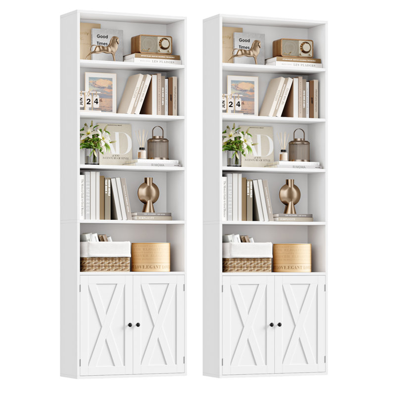 EN VENTE Bibliothèque 2 pièces de 82,3 po de hauteur, 7 étages avec portes pour le bureau à domicile et le salon, Blanc
