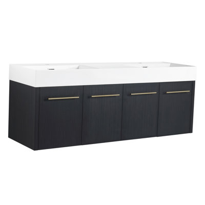Meuble-lavabo de salle de bain avec lavabo 60 po - Moderne, lavabo à double rebord épais, agencement de couleur châtaignier noir, charnières de porte à fermeture en douceur, armoire de contreplaqué d'aspect moderne, couleur, construction robuste et silencieuse